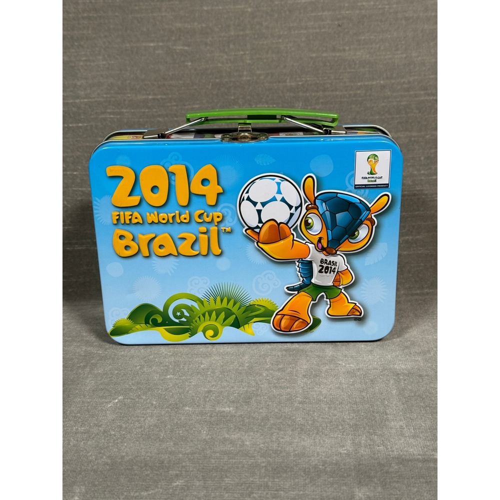 2014 FIFA World Cup Brazil Tin Lunch Box with Panini Stickers and Cards Fuleco